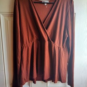 Women's Brown V-Neck Long Sleeve Top